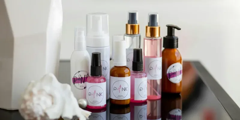 Eine Kollektion verschiedener Hautpflegeflaschen, stilvoll auf einer reflektierenden Oberfläche arrangiert, ideal für Beauty-Konzepte.