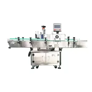 Vorderansicht einer vollautomatischen vertikalen Etikettiermaschine für runde Flaschen vom Typ „Typele“.