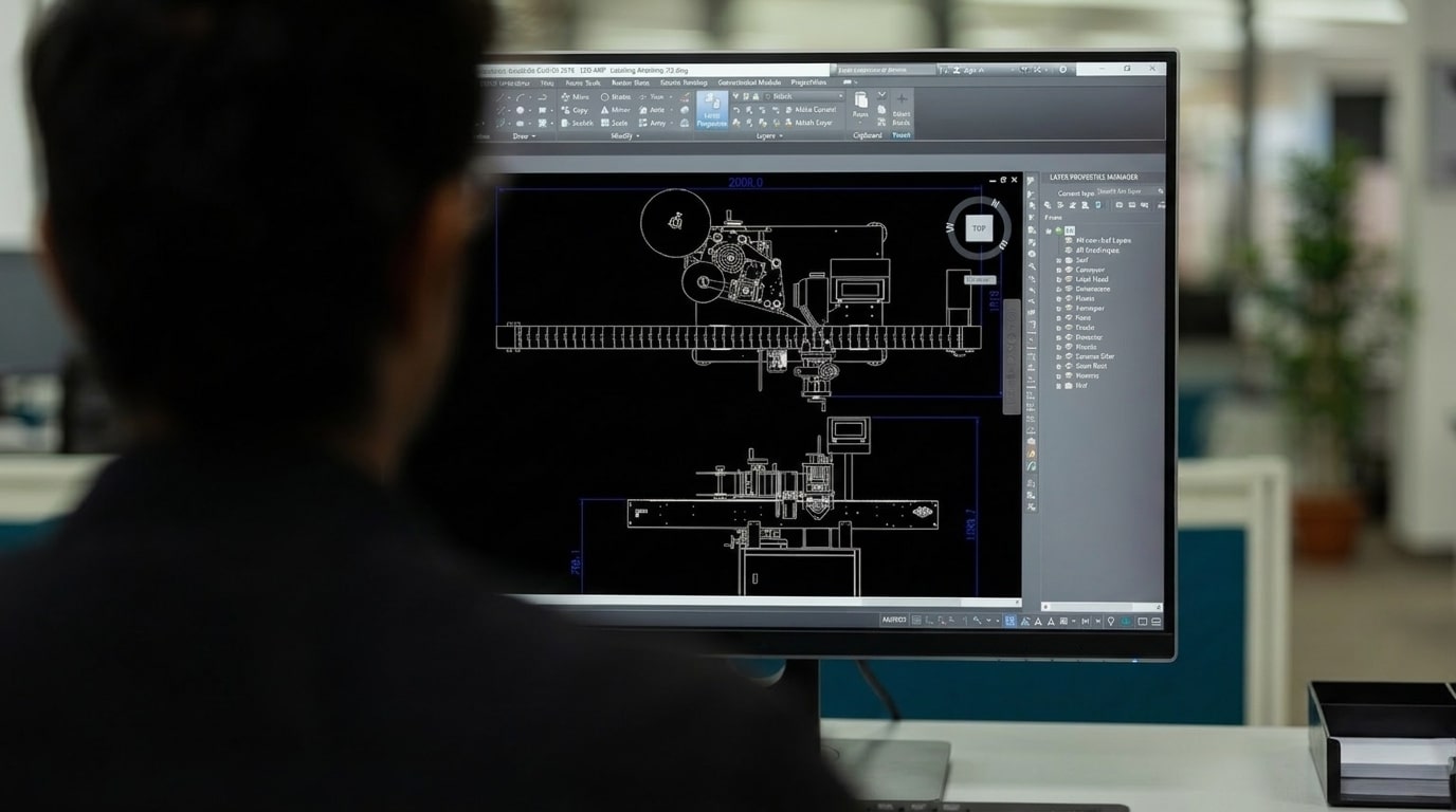 Shiny Labeling engineering team designing 2D CAD layouts and mechanical blueprints for custom automatic labeling machines