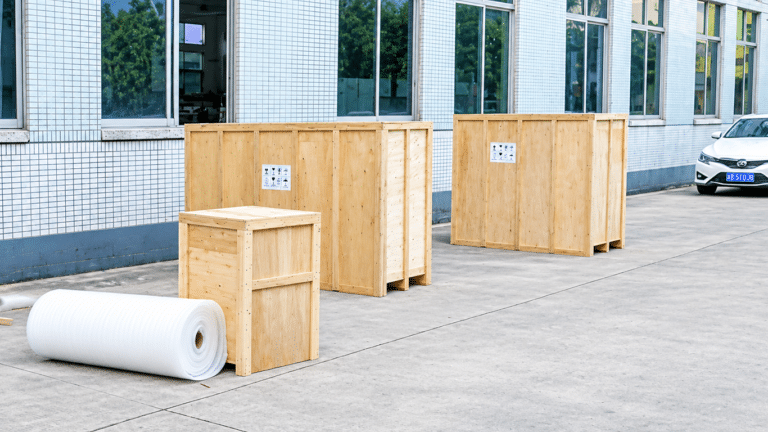 Packed automatic labeling machines ready for shipment