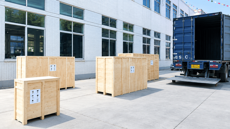 Automatic labeling machine packed on a wooden pallet for shipment