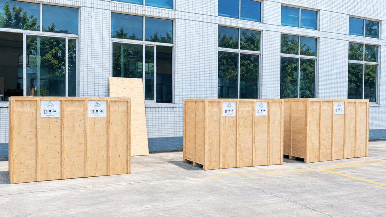 Automatic labeling machine packed and ready for export shipment